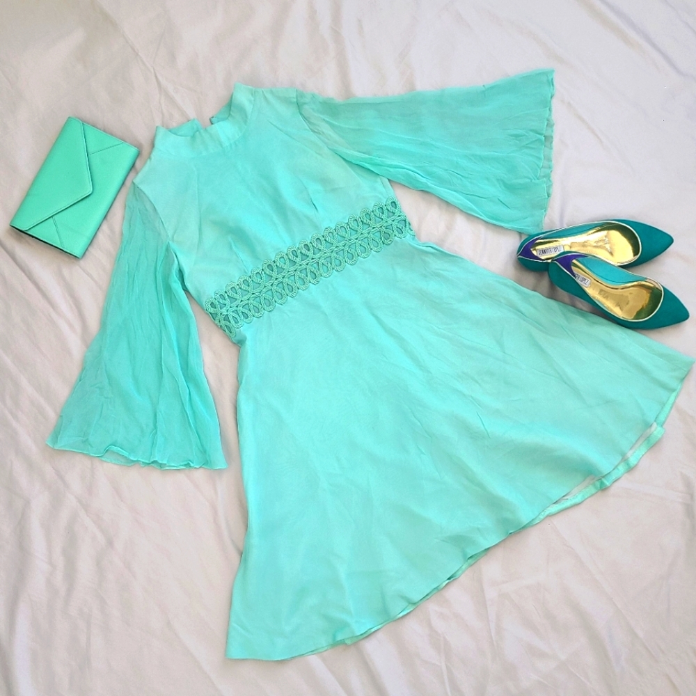 1960s Blue Green High Neck Button Up Ribbon Detail Sheer Sleeves Midi Dress
